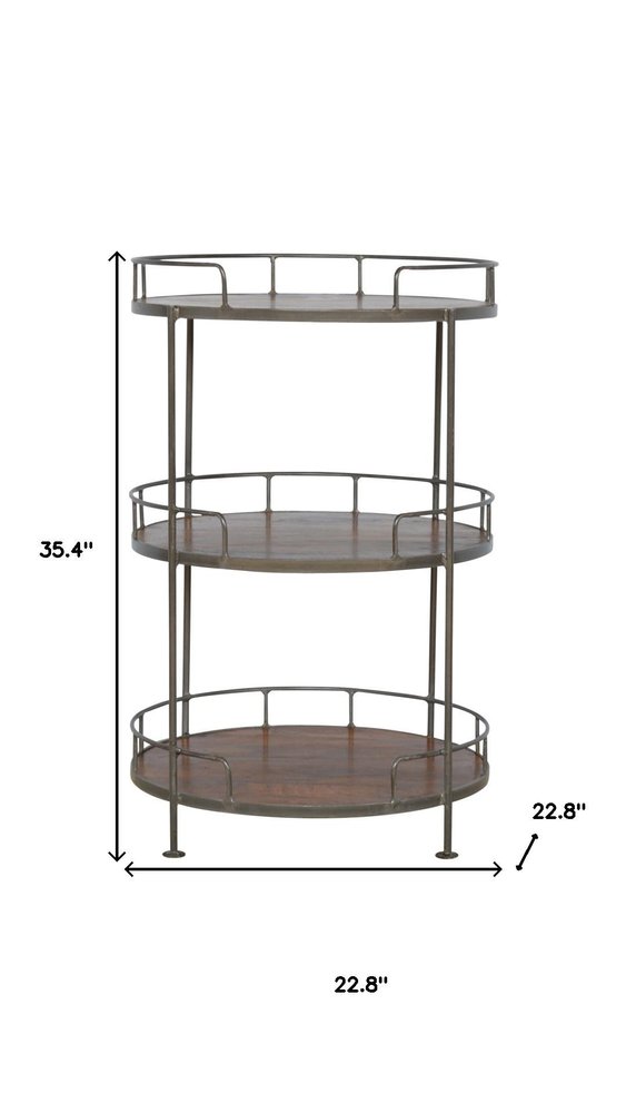 Brown Solid Wood and Iron Round End Table with Three Shelves - 35-inch