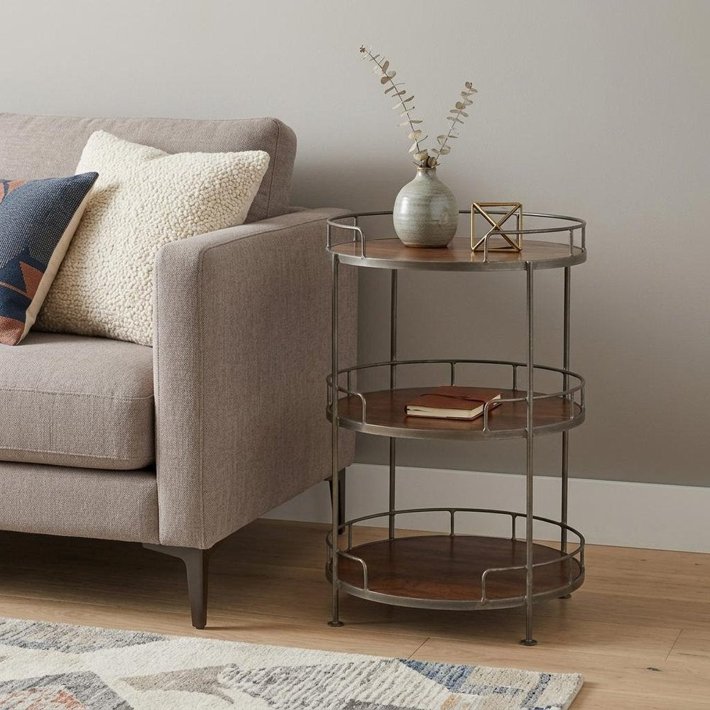 Brown Solid Wood and Iron Round End Table with Three Shelves - 35-inch