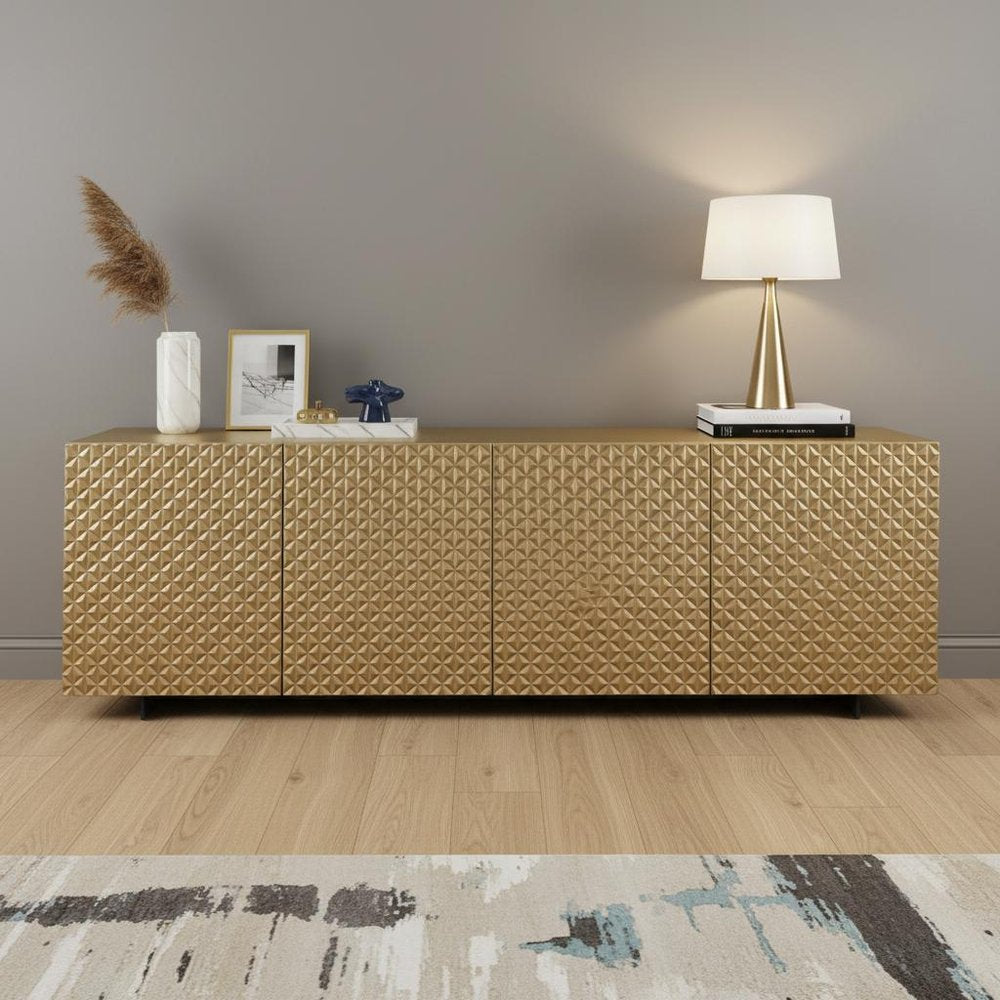Gold Wood Carved Geometric Sideboard with Four Doors - 94-inch