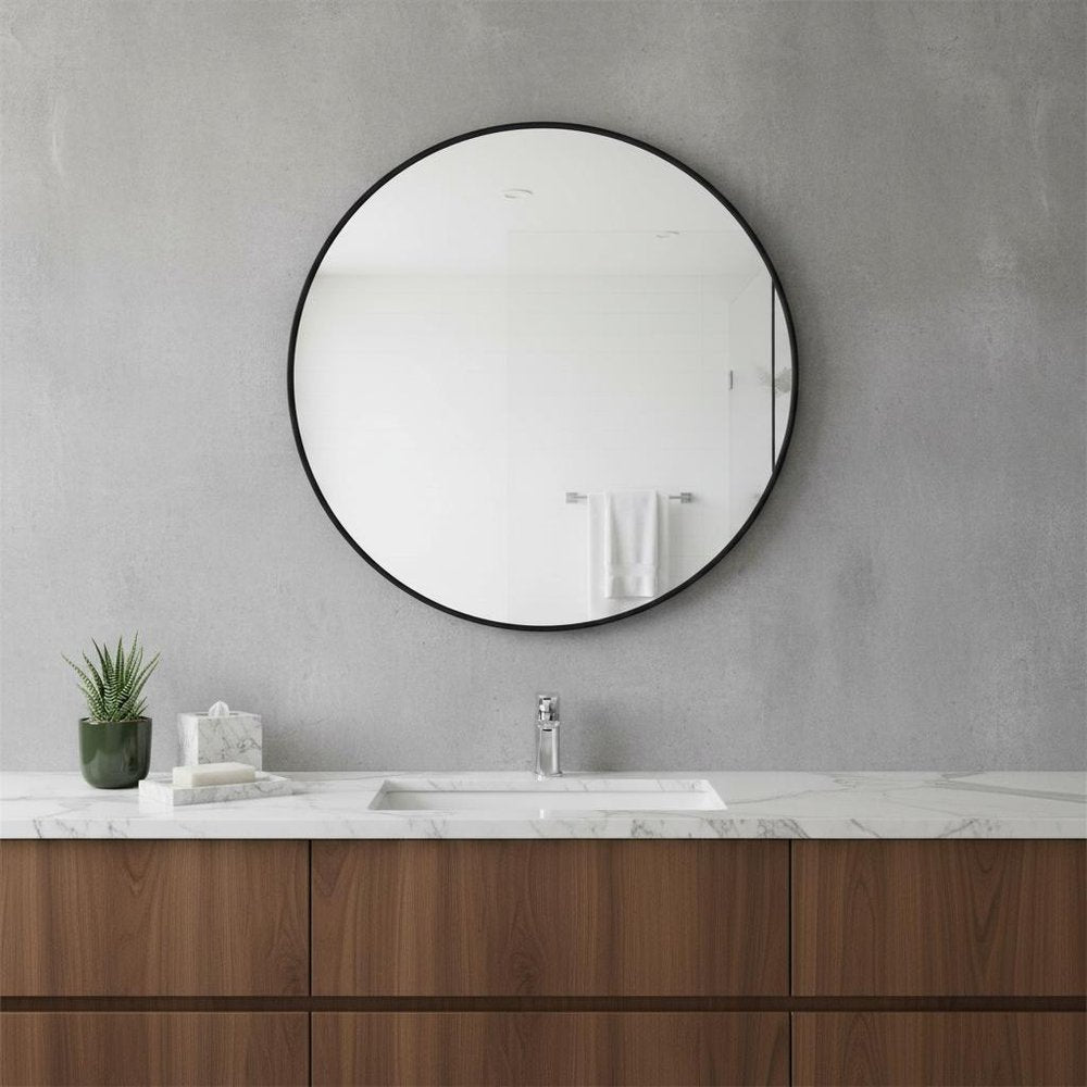 Black Metal Round Framed Bathroom Vanity Mirror - 24-inch