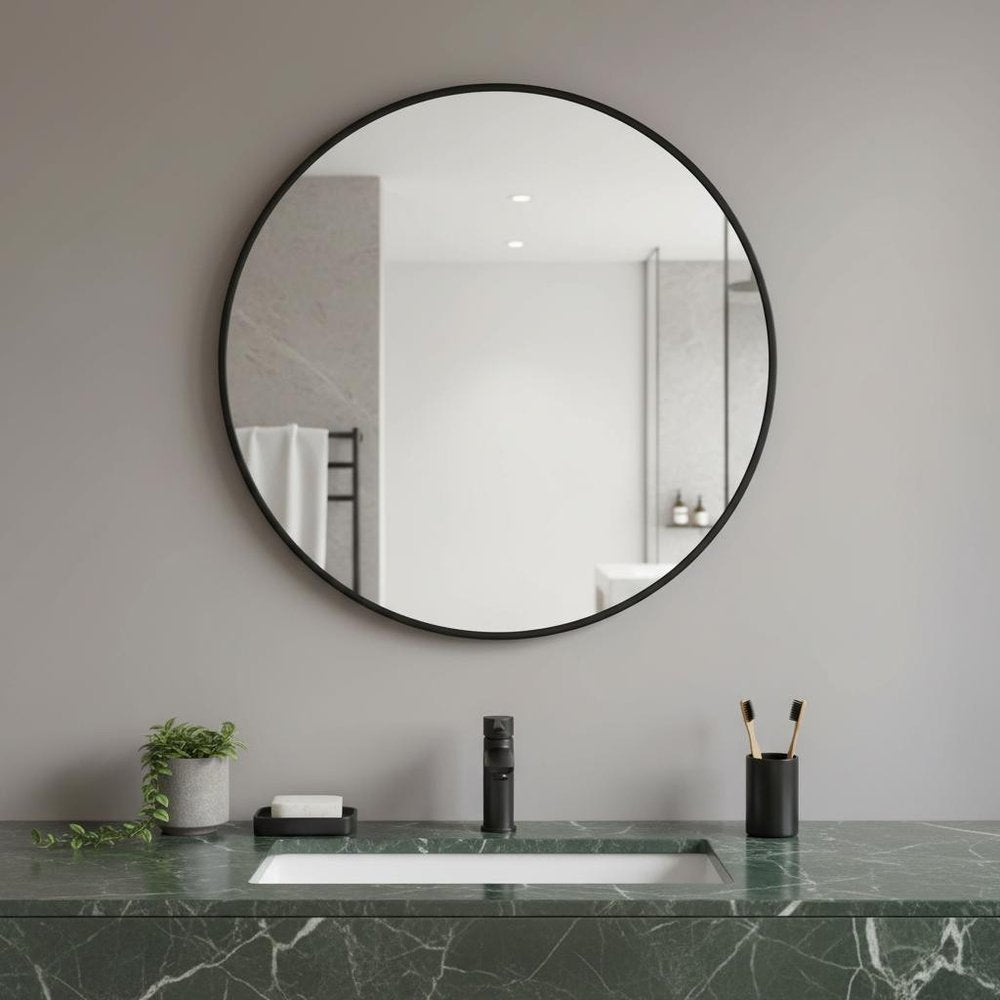 Black Metal Round Framed Bathroom Vanity Mirror - 30-inch