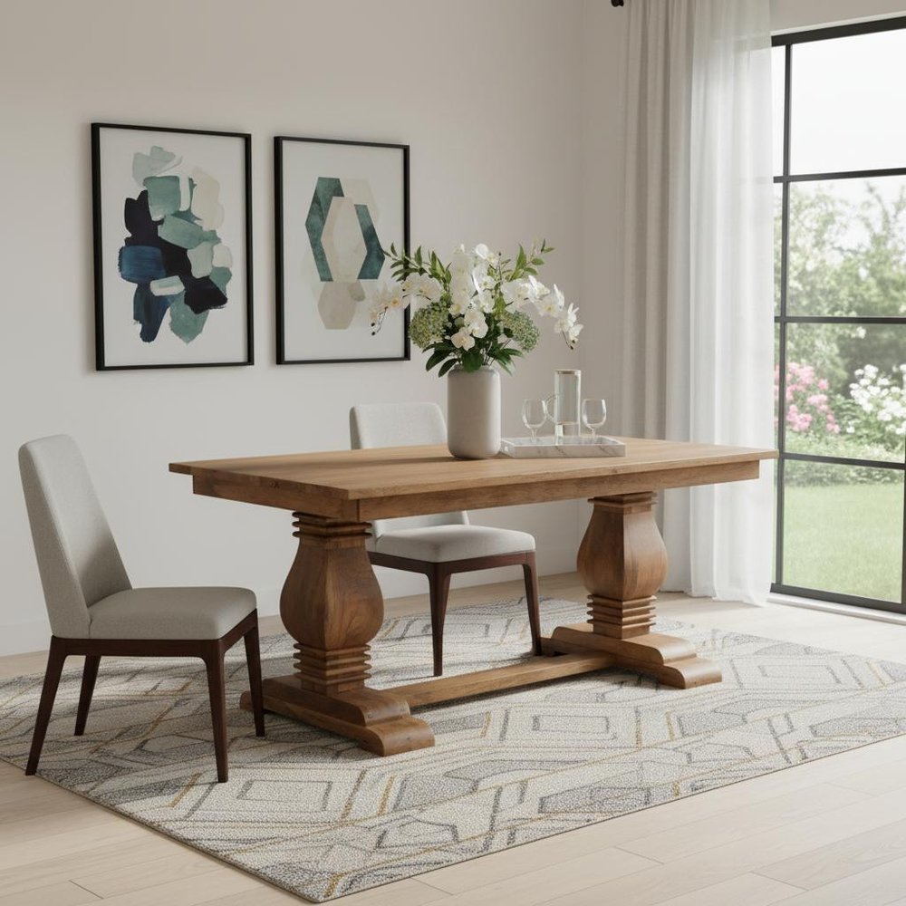 Brown Solid Wood Double Pedestal Base Dining Table - 71-inch