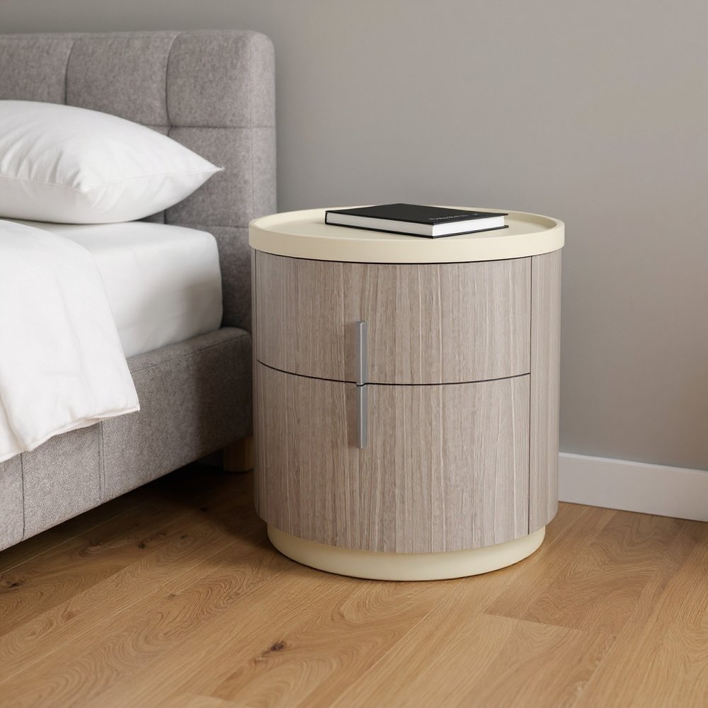 Beige and Oak Wood Round Two Drawer Nightstand - 20-inch
