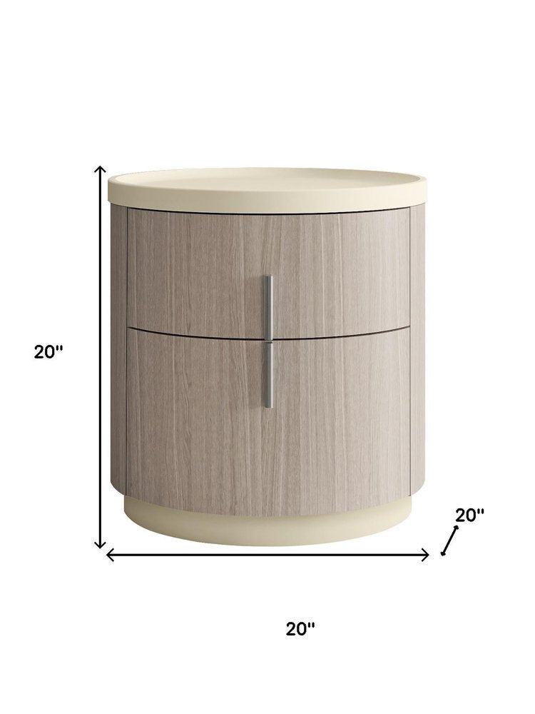 Beige and Oak Wood Round Two Drawer Nightstand - 20-inch