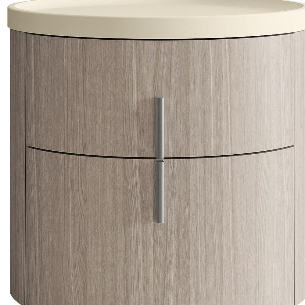 Beige and Oak Wood Round Two Drawer Nightstand - 20-inch
