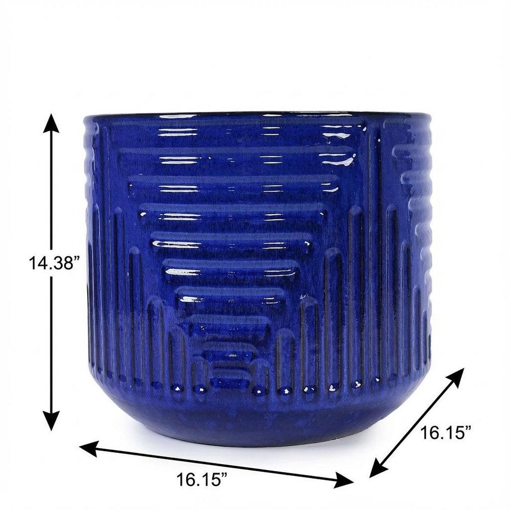 Blue Ceramic Round Planter Box - 14 X 16-inch
