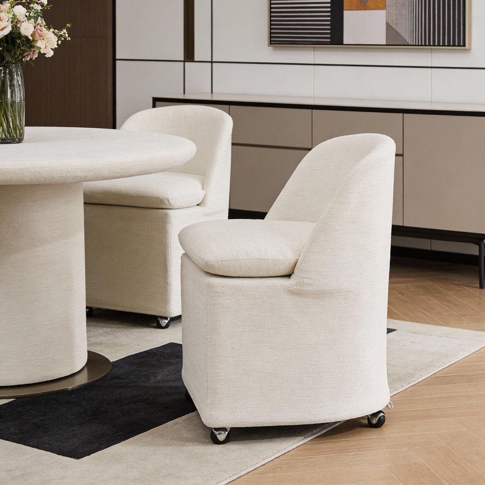 Set of Two Beige Chenille Wing Back Dining Chairs with Wheels