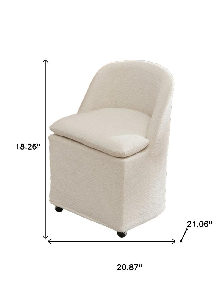 Set of Two Beige Chenille Wing Back Dining Chairs with Wheels