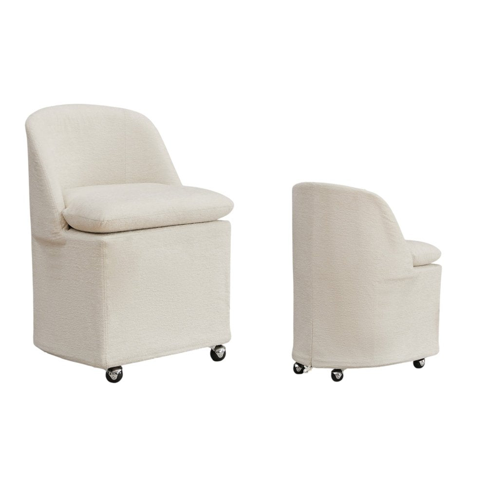 Set of Two Beige Chenille Wing Back Dining Chairs with Wheels
