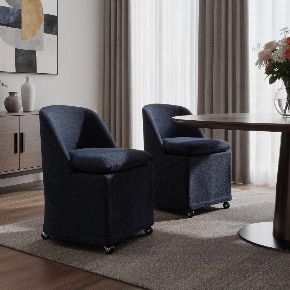 Set of Two Blue Chenille Wing Back Dining Chairs with Wheels
