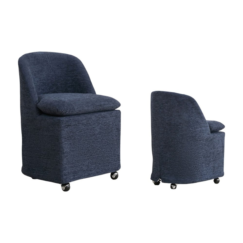 Set of Two Blue Chenille Wing Back Dining Chairs with Wheels