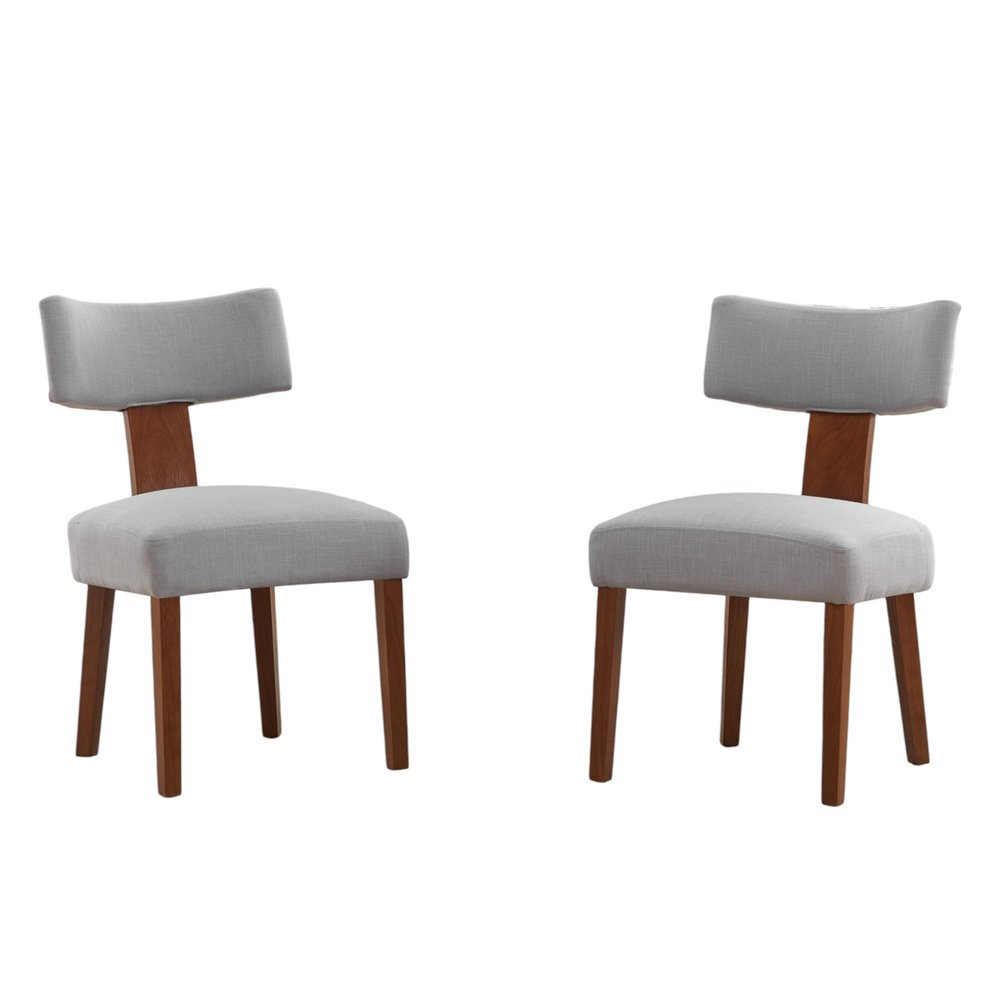 Set of Two Gray and Brown Linen and Solid Wood Dining Side Chairs