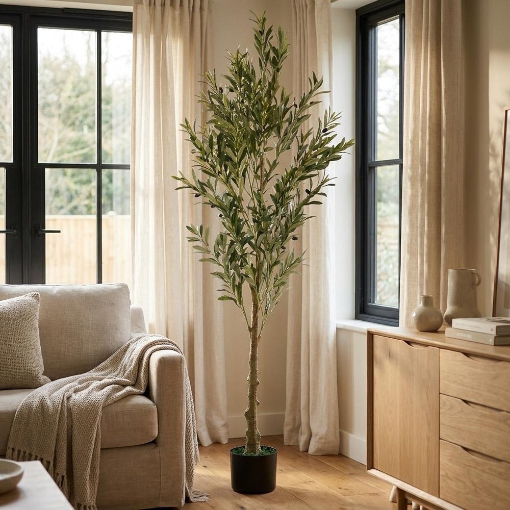 Green Artificial Olive Tree in Cylindrical Black Pot - 71-inch