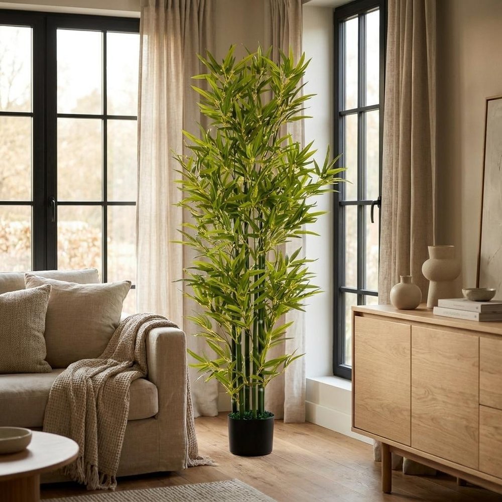 Set of Two 61 Green Artificial Bamboo Tree in Cylindrical Black Pot