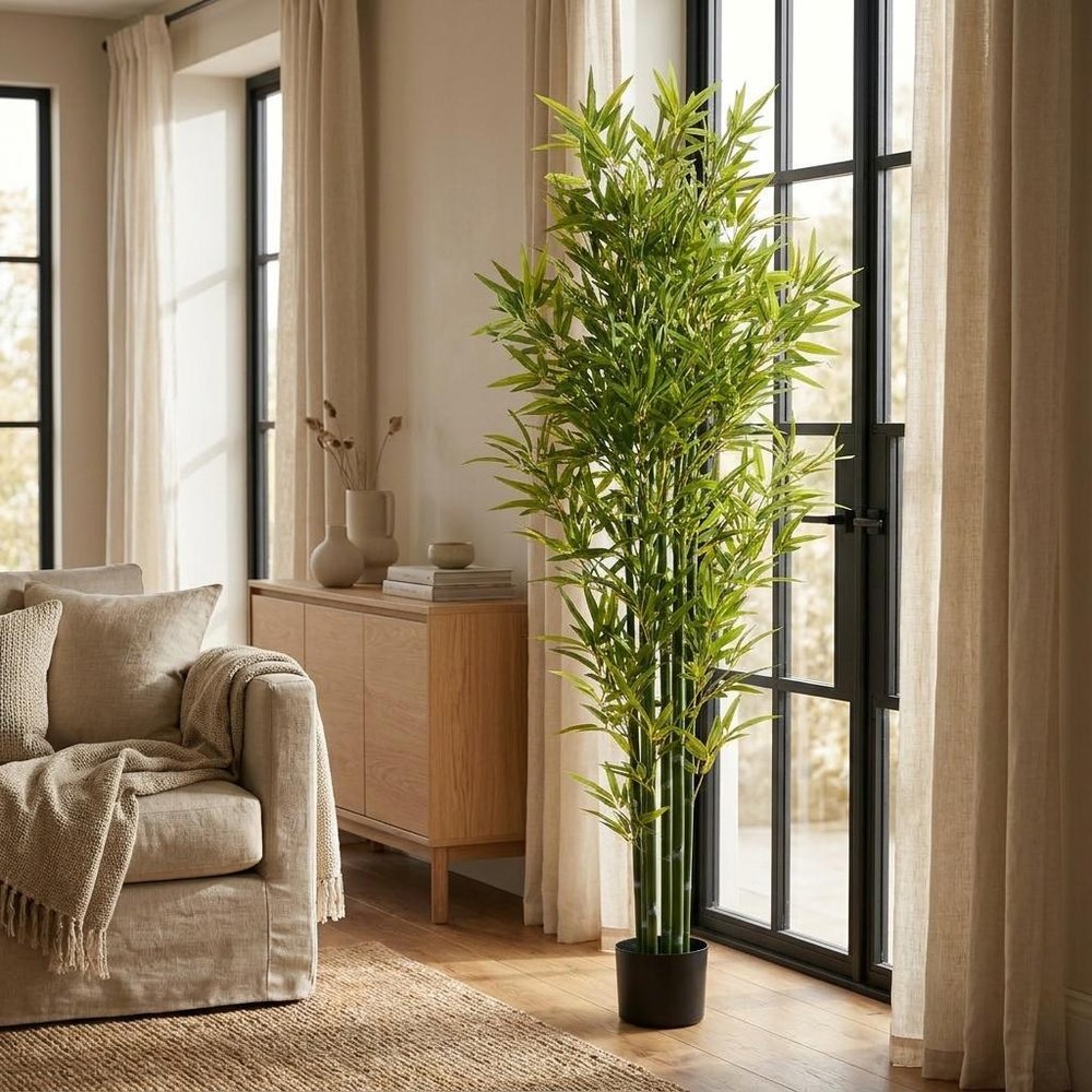 Set of Two 72 Green Artificial Bamboo Tree in Cylindrical Black Pot
