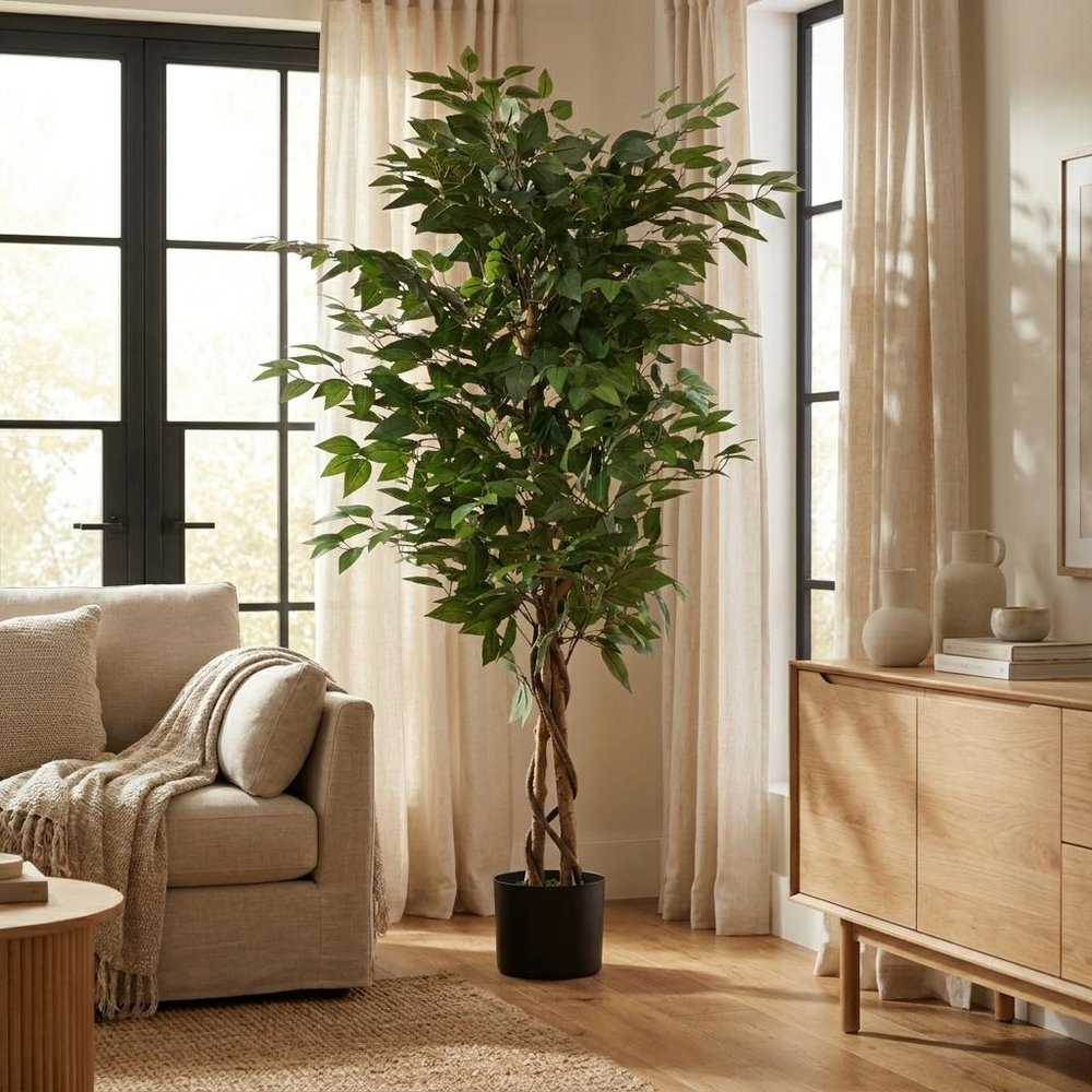 Green Artificial Ficus Tree in Cylindrical Black Pot - 59-inch