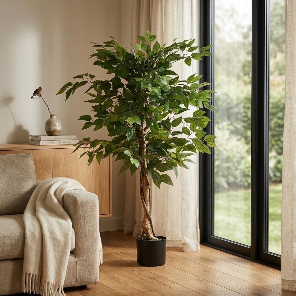 Green Artificial Ficus Tree in Cylindrical Black Pot - 47-inch