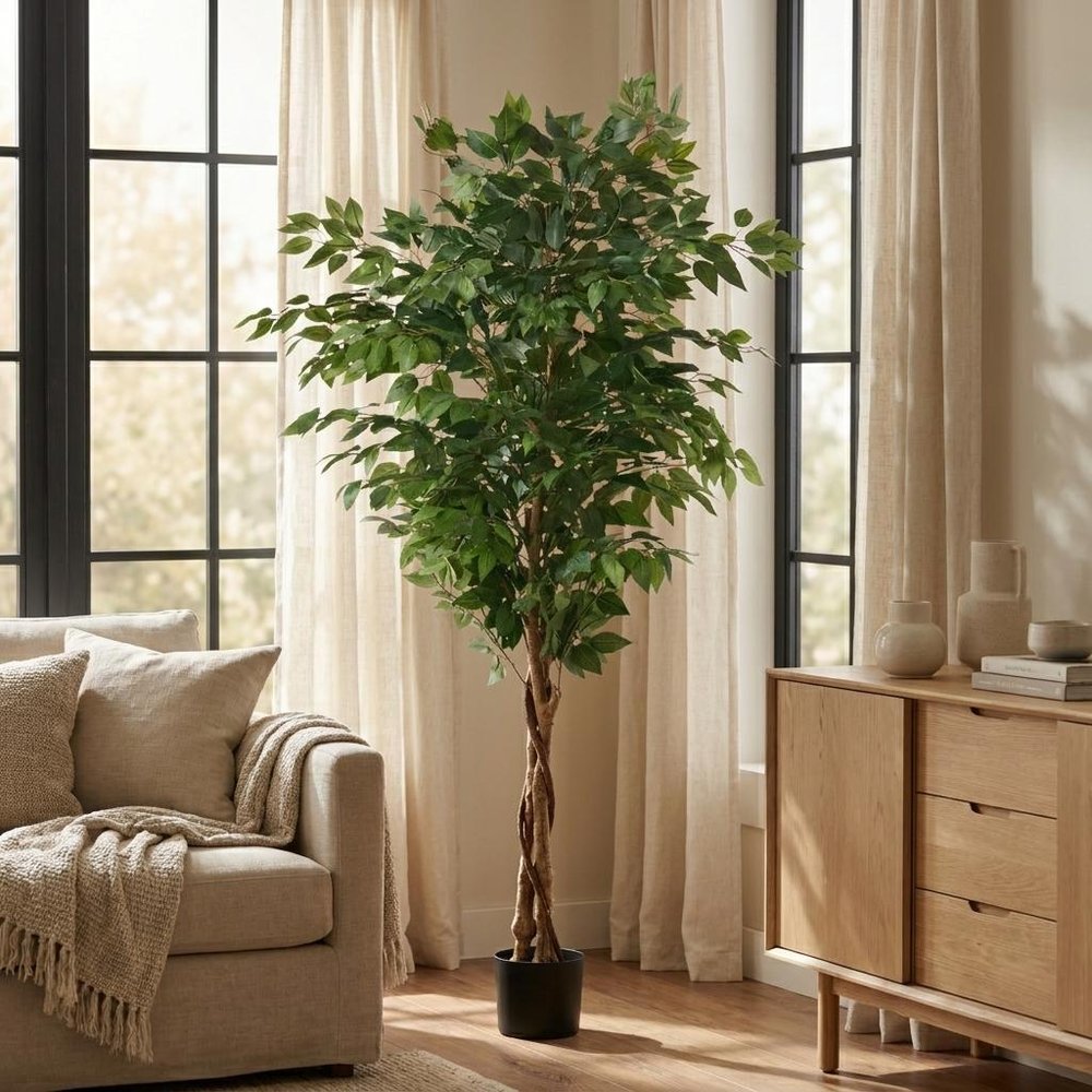 Green Artificial Ficus Tree in Cylindrical Black Pot - 71-inch