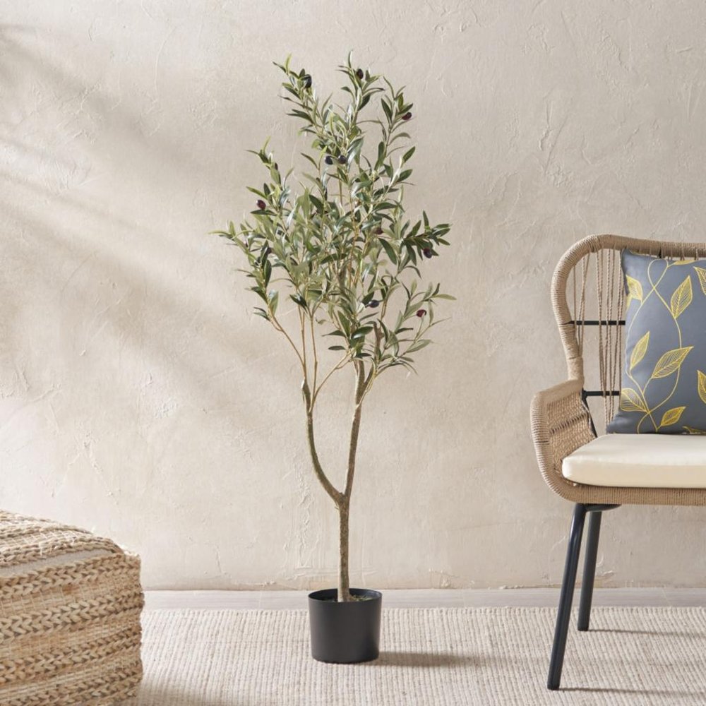 Green Artificial Olive Tree in Cylindrical Black Pot - 47-inch