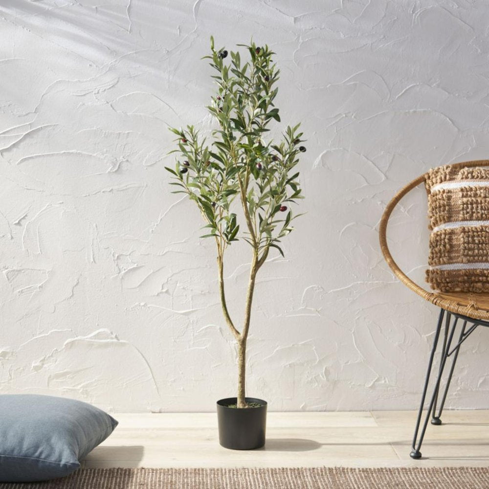 Green Artificial Olive Tree in Cylindrical Black Pot - 47-inch