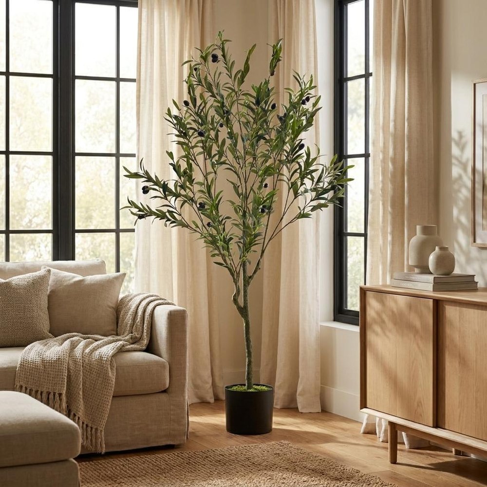 Green Artificial Olive Tree in Cylindrical Black Pot - 59-inch