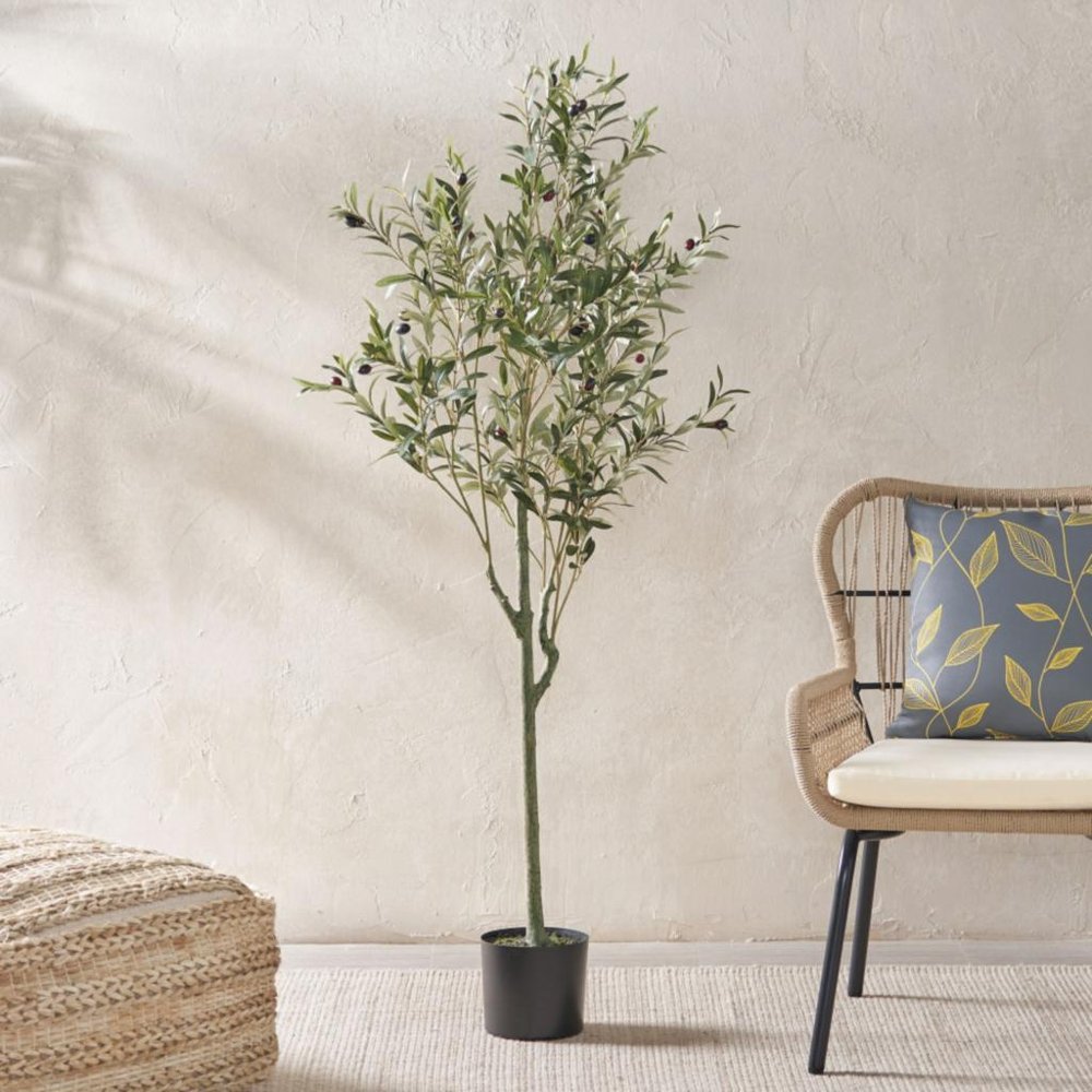 Green Artificial Olive Tree in Cylindrical Black Pot - 59-inch