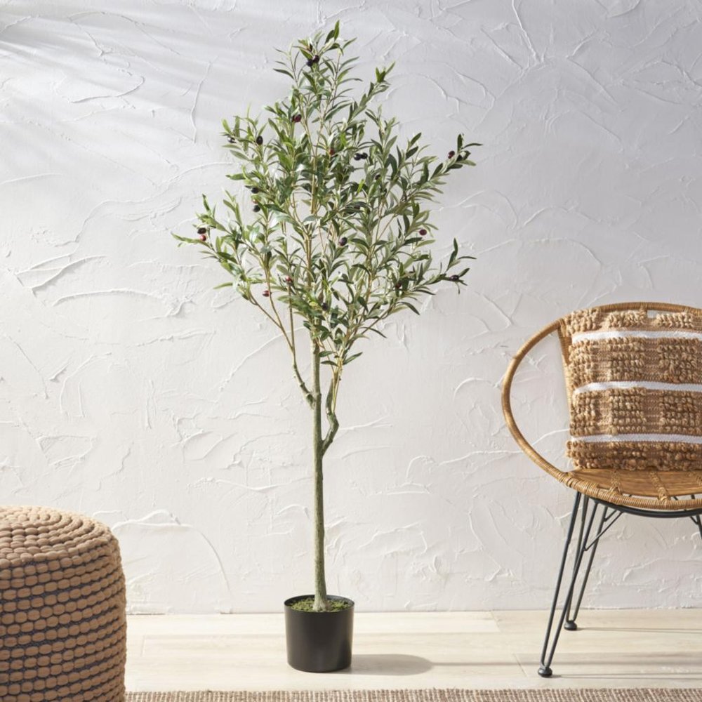 Green Artificial Olive Tree in Cylindrical Black Pot - 59-inch