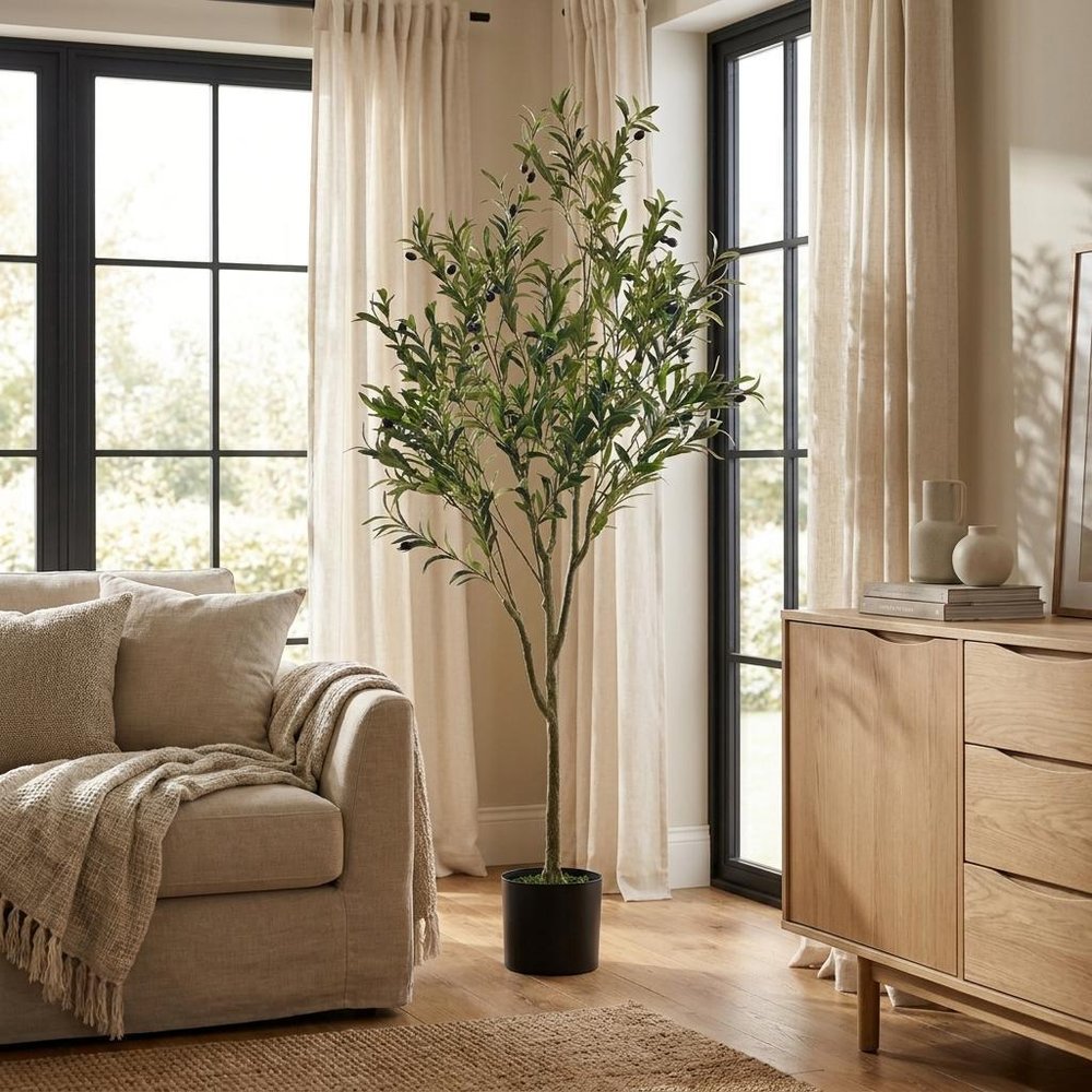 Green Artificial Olive Tree in Cylindrical Black Pot - 71-inch