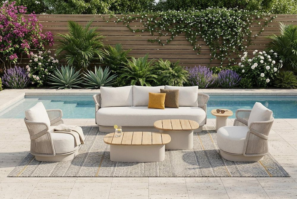 Six Piece Beige Metal Outdoor Patio Set with Table