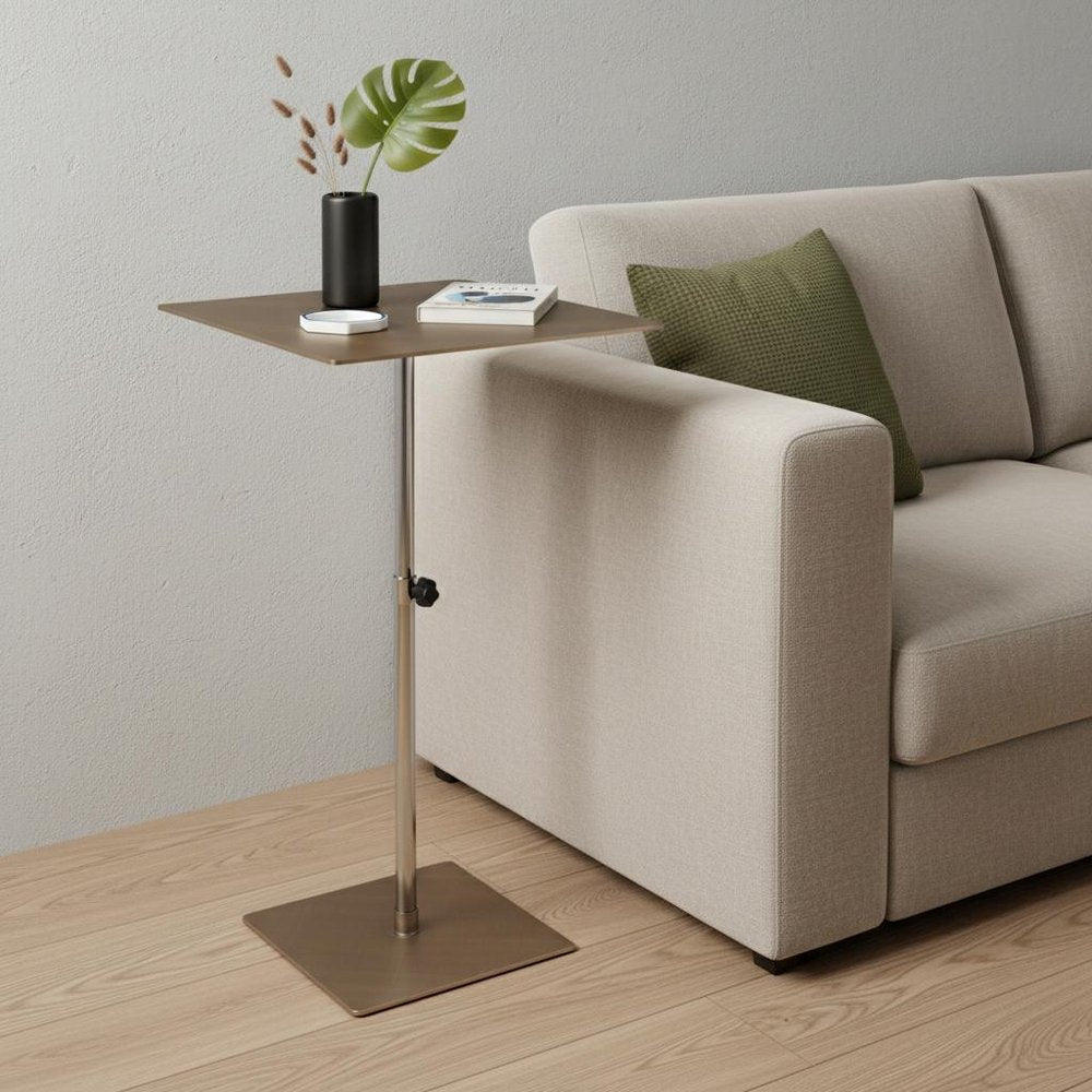 Bronze and Silver Steel Height Adjustable Square Pedestal End Table
