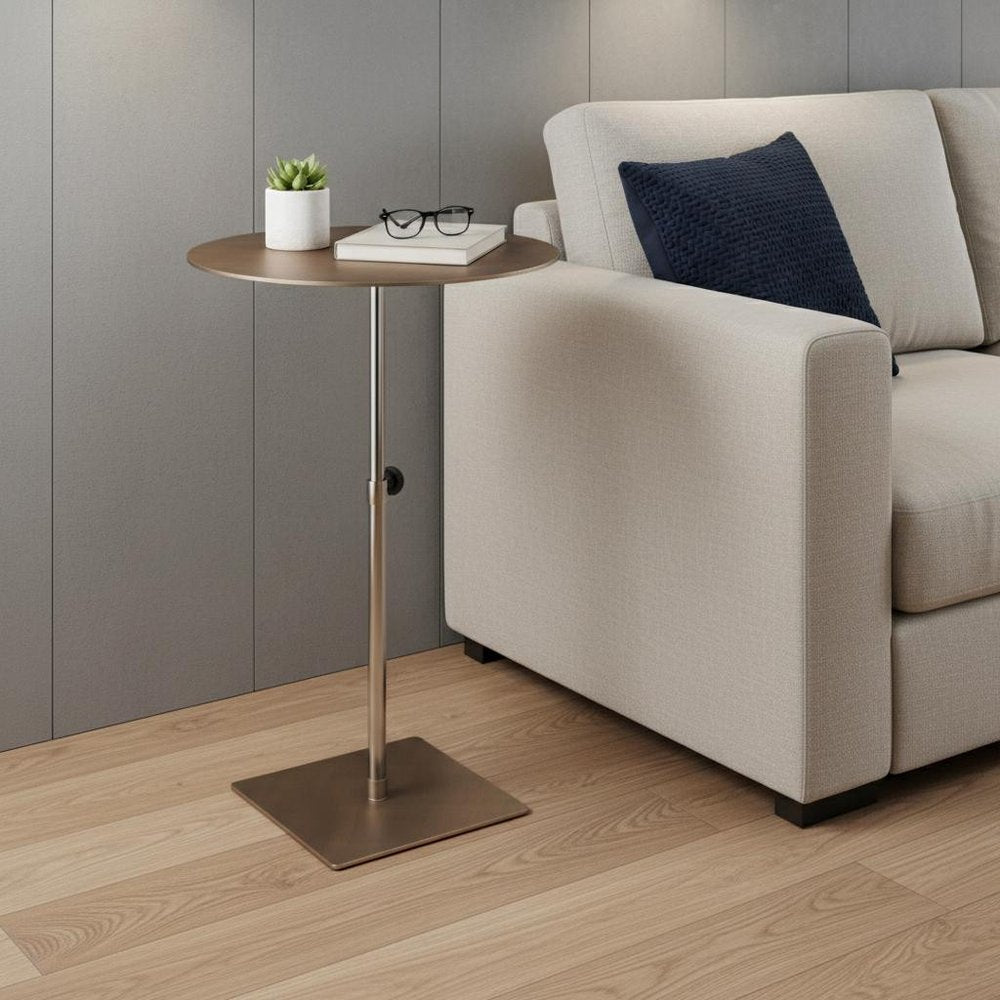 Bronze and Silver Steel Height Adjustable Round Pedestal End Table