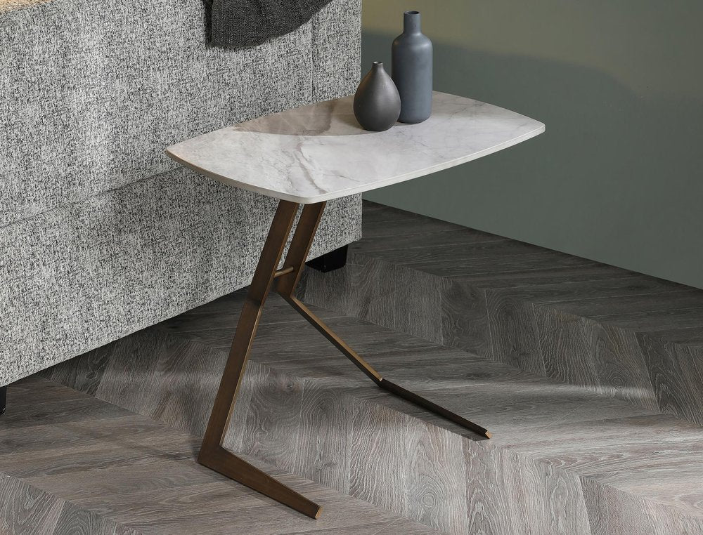 White and Bronze Ceramic Faux Marble and Steel End Table - 24-inch