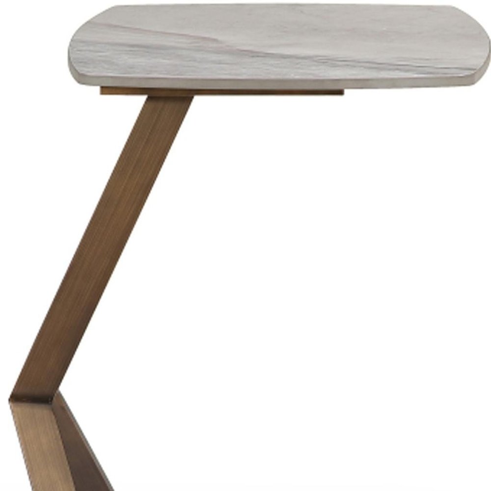 White and Bronze Ceramic Faux Marble and Steel End Table - 24-inch