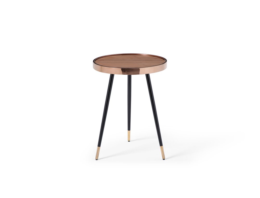 Walnut Black and Rose Gold Wood and Stainless Steel Round End Table