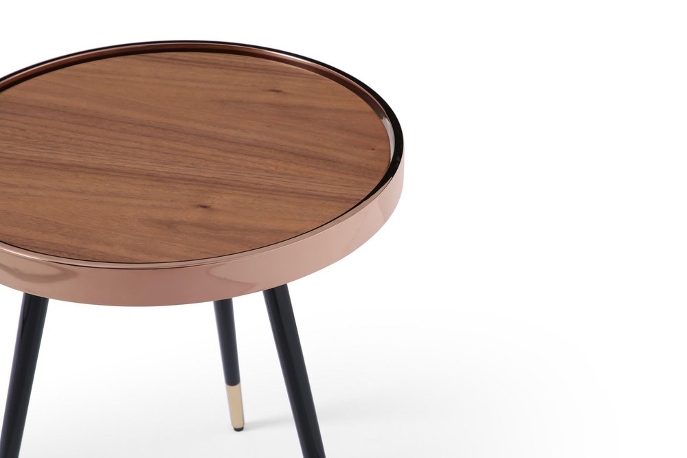 Walnut Black and Rose Gold Wood and Stainless Steel Round End Table