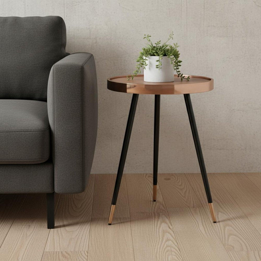 Walnut Black and Rose Gold Wood and Stainless Steel Round End Table