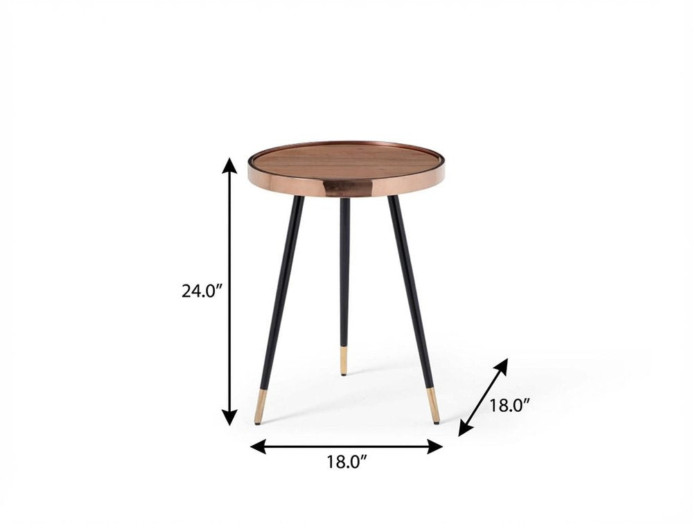 Walnut Black and Rose Gold Wood and Stainless Steel Round End Table