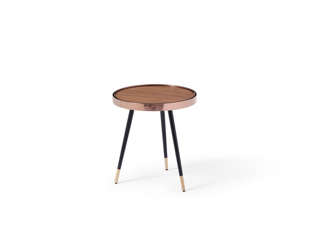 Walnut Black and Rose Gold Wood and Stainless Steel Round End Table