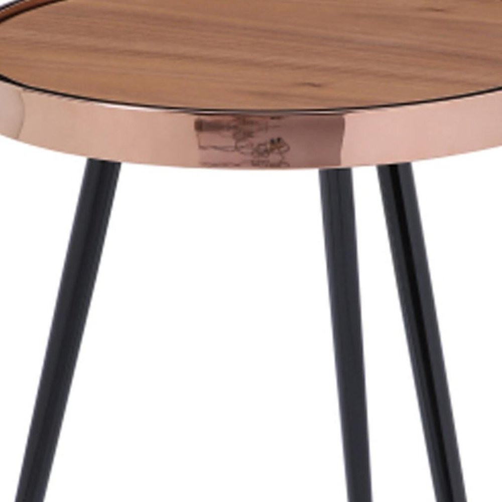 Walnut Black and Rose Gold Wood and Stainless Steel Round End Table