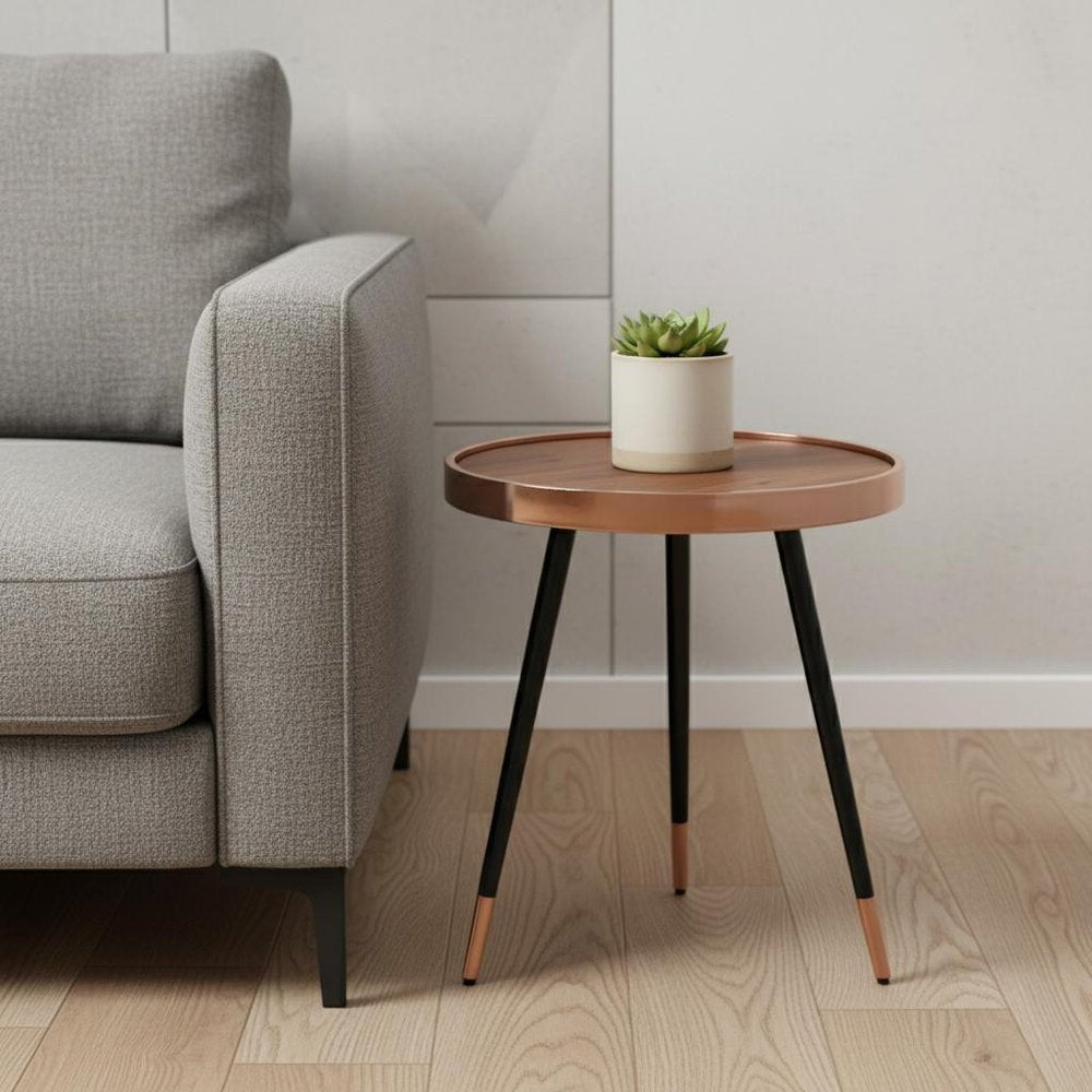 Walnut Black and Rose Gold Wood and Stainless Steel Round End Table