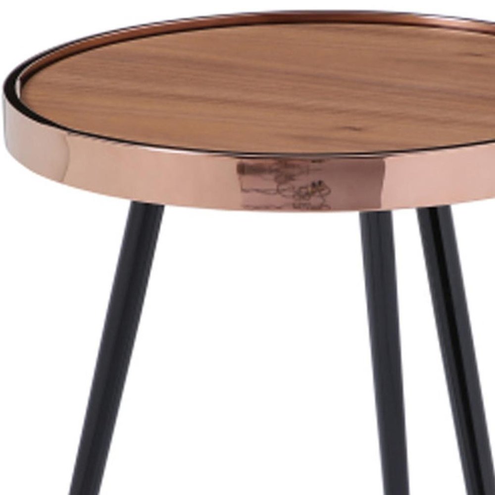 Walnut Black and Rose Gold Wood and Stainless Steel Round End Table