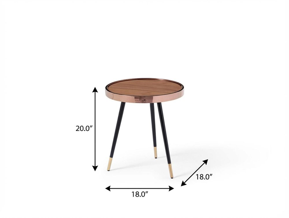 Walnut Black and Rose Gold Wood and Stainless Steel Round End Table