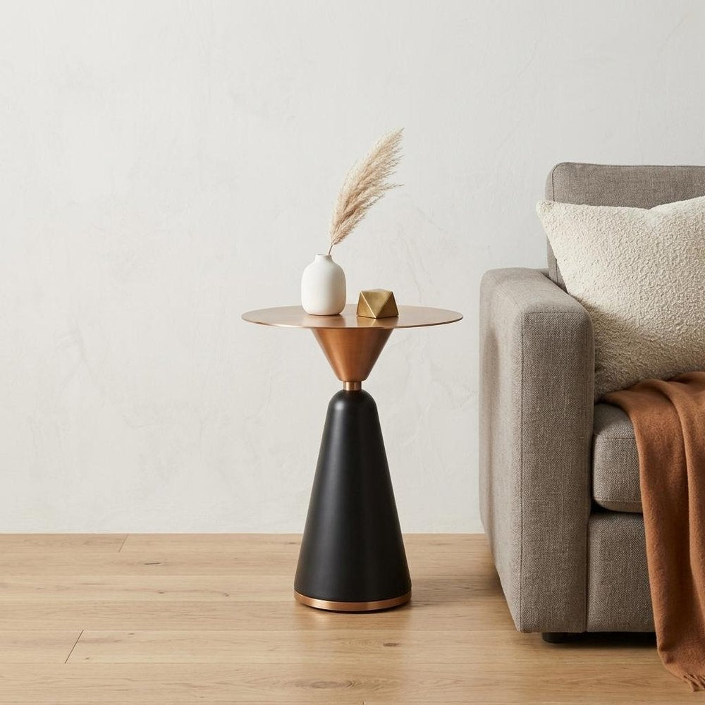 Rose Gold and Black Stainless Steel and Steel Round Pedestal End Table