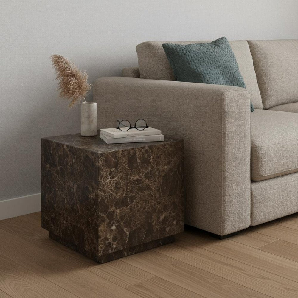 Brown Marble Square Block End Table - 20-inch