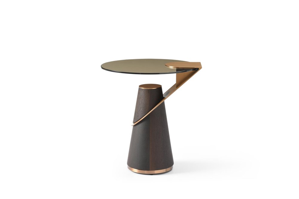 Clear Rose Gold and Dark Brown Glass Stainless Steel and Solid Wood Round Pedestal End Table