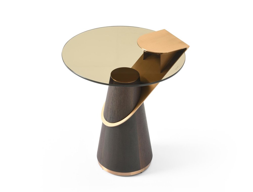 Clear Rose Gold and Dark Brown Glass Stainless Steel and Solid Wood Round Pedestal End Table