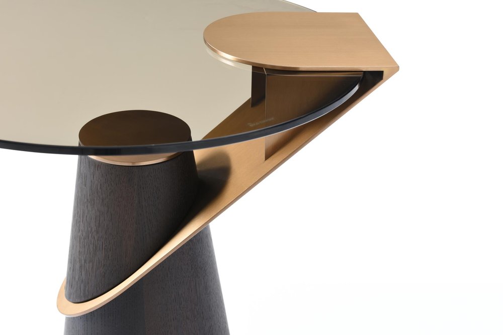 Clear Rose Gold and Dark Brown Glass Stainless Steel and Solid Wood Round Pedestal End Table
