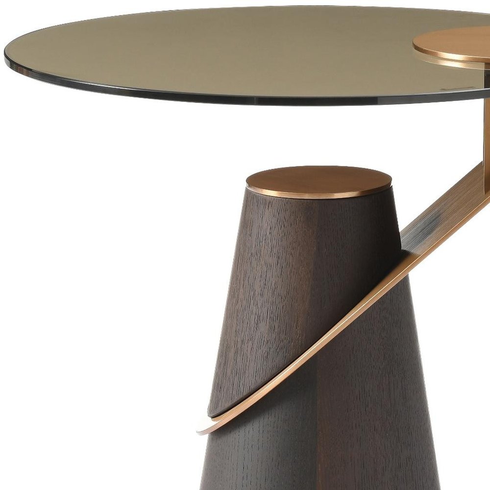 Clear Rose Gold and Dark Brown Glass Stainless Steel and Solid Wood Round Pedestal End Table