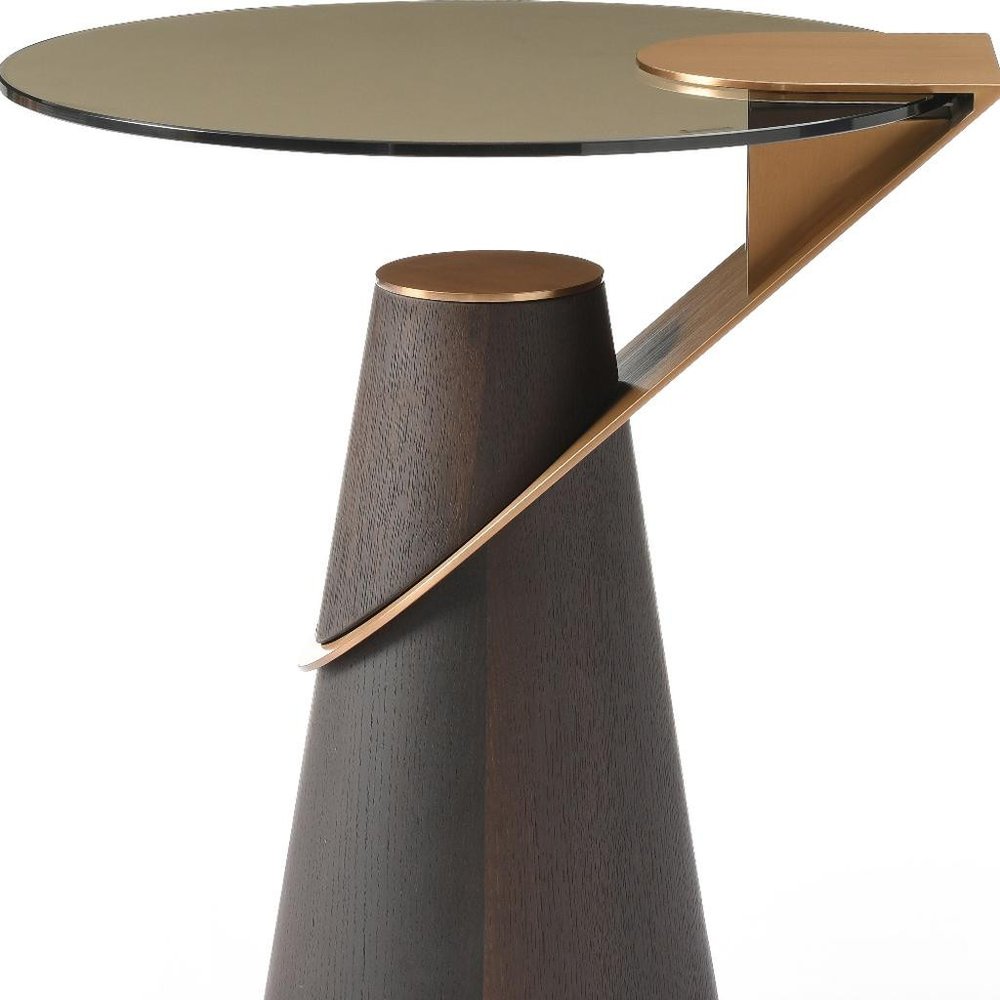Clear Rose Gold and Dark Brown Glass Stainless Steel and Solid Wood Round Pedestal End Table