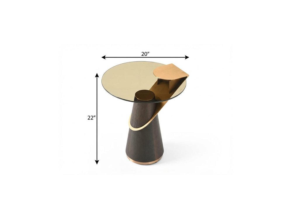 Clear Rose Gold and Dark Brown Glass Stainless Steel and Solid Wood Round Pedestal End Table